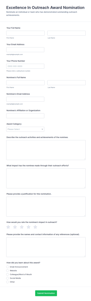 Excellence In Outreach Award Nomination Form Template