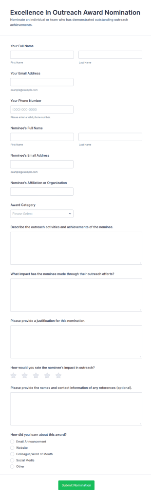 Excellence In Outreach Award Nomination Form Template