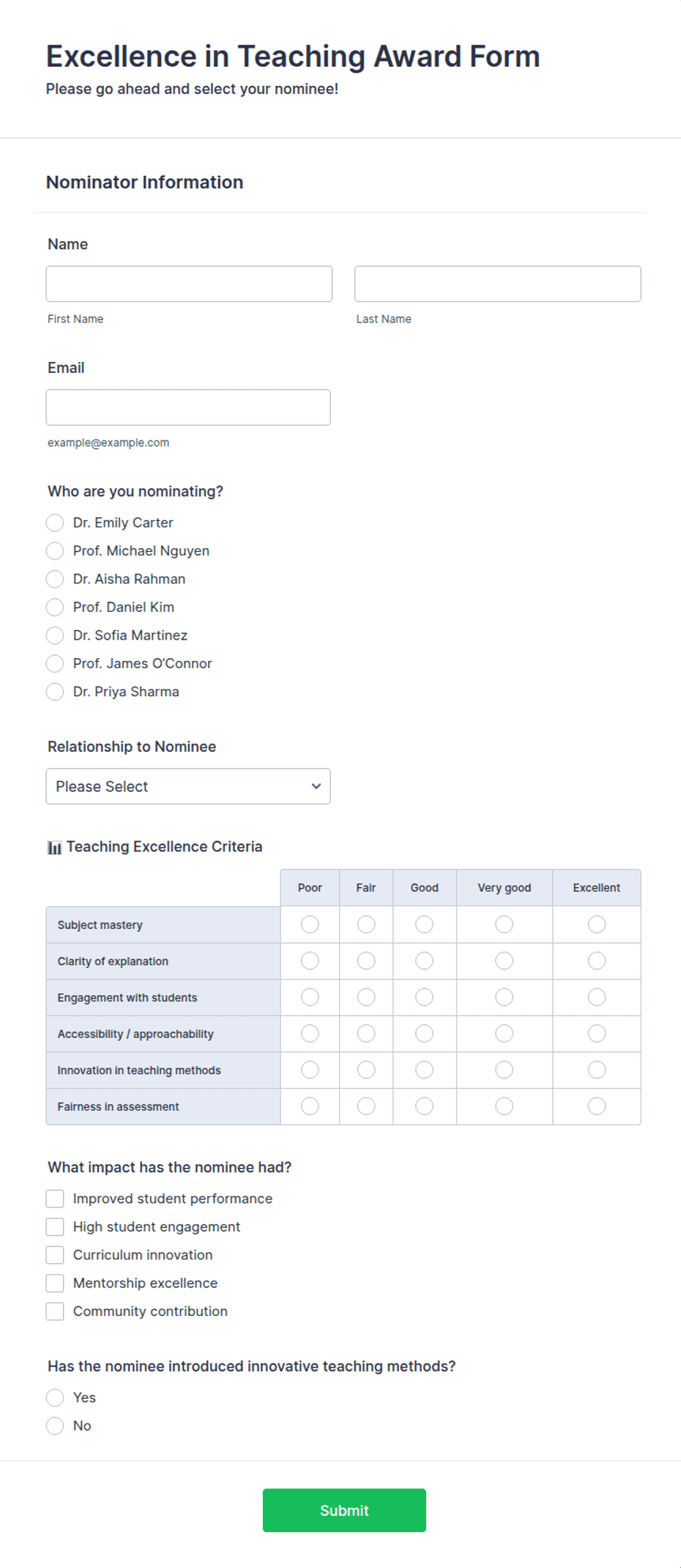 Excellence in Teaching Award Form Template | Jotform