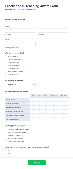 Excellence In Teaching Award Form Template