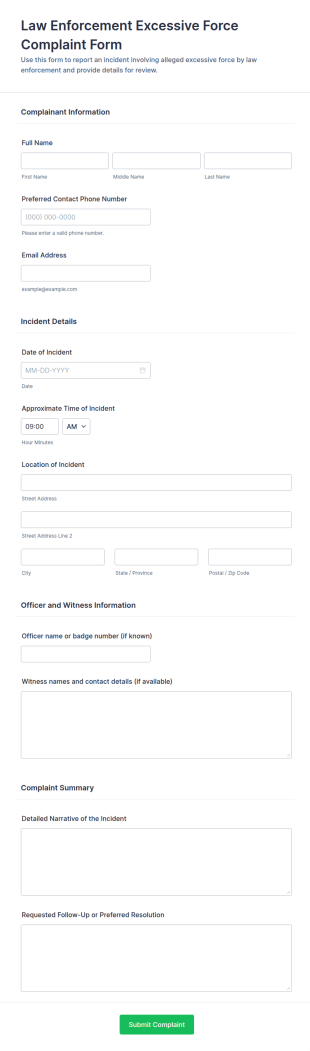 Excessive Force Complaint Form Template
