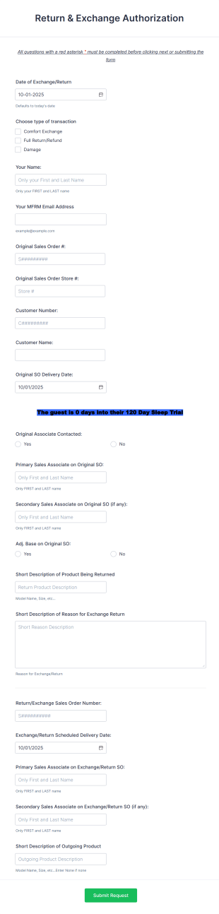 Return Exchange Authorization Form Template