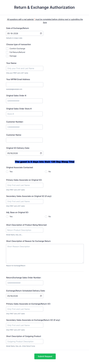 Return Exchange Authorization Form Template