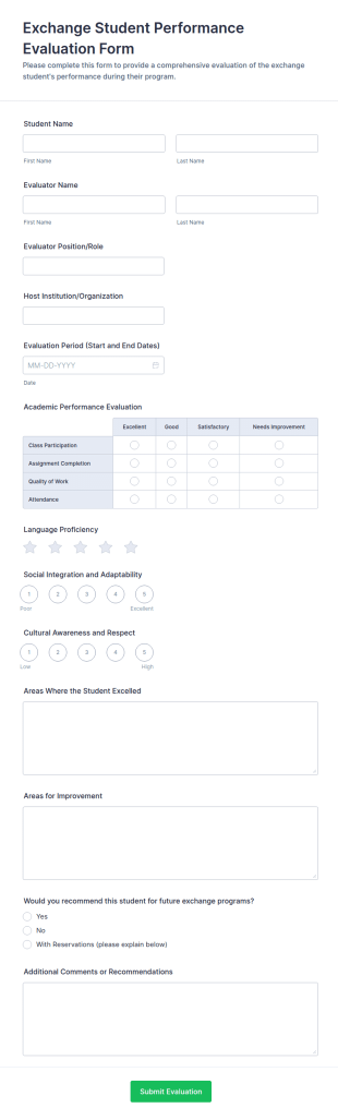 Exchange Student Performance Evaluation Form Template
