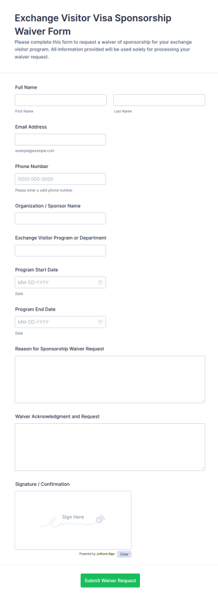 Exchange Visitor Visa Sponsorship Waiver Form Template