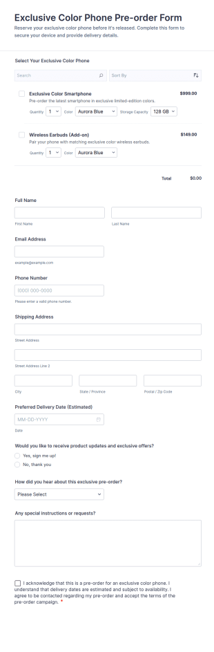 Exclusive Color Phone Pre Order Form Template