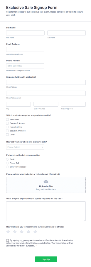 Exclusive Sale Signup Form Template