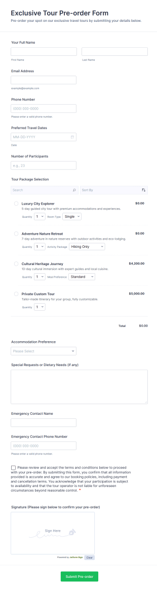 Exclusive Tour Pre Order Form Template