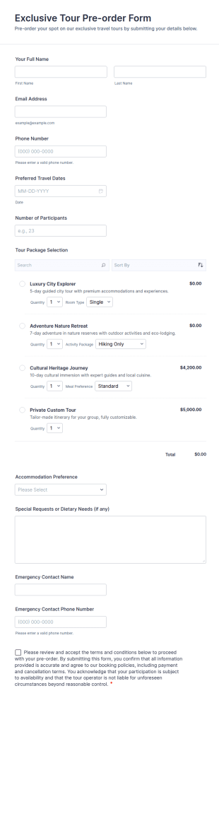 Exclusive Tour Pre Order Form Template