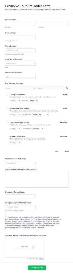 Exclusive Tour Pre Order Form Template