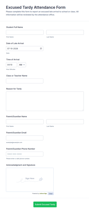 Excused Tardy Attendance Form Template