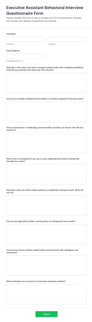 Executive Assistant Behavioral Interview Questionnaire Form Template