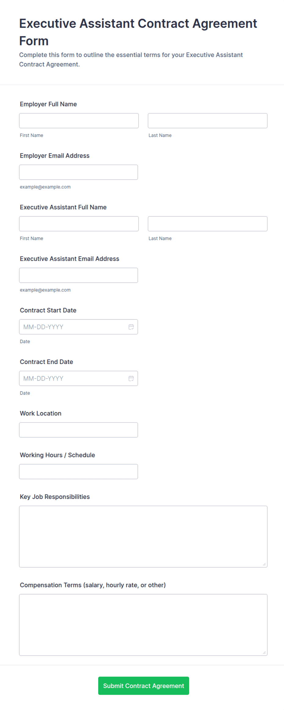 Executive Assistant Contract Agreement Form Template | Jotform