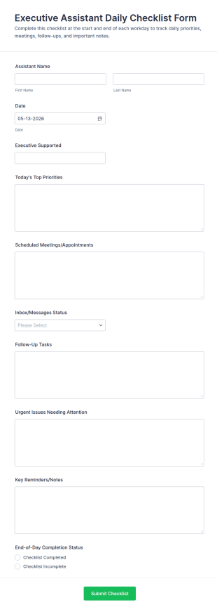 Executive Assistant Daily Checklist Form Template