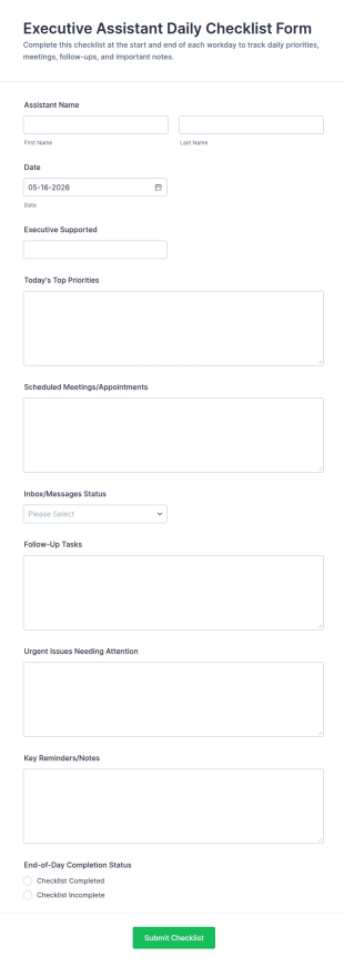 Executive Assistant Daily Checklist Form Template