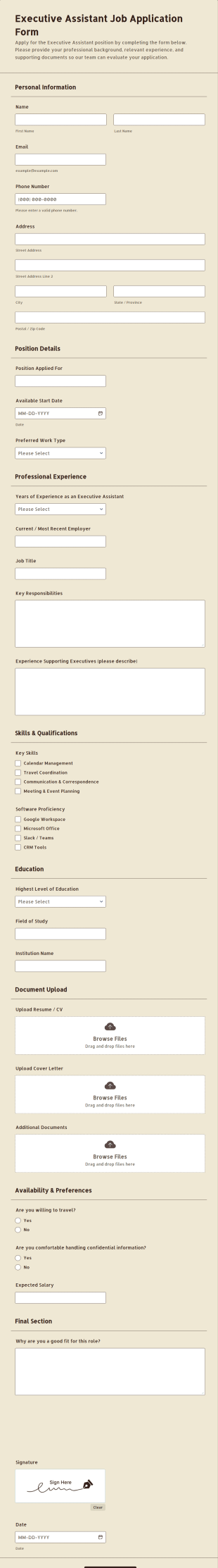 Executive Assistant Job Application Form Template