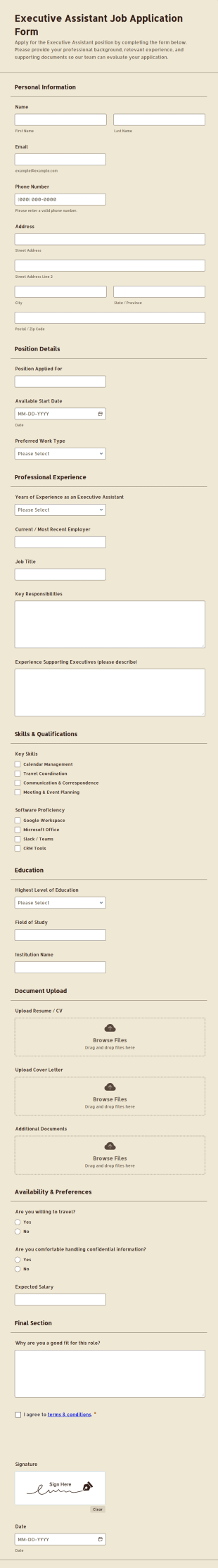 Executive Assistant Job Application Form Template