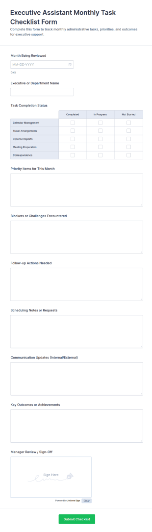 Executive Assistant Monthly Task Checklist Form Template