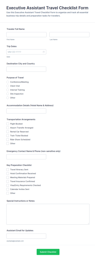 Executive Assistant Travel Checklist Form Template