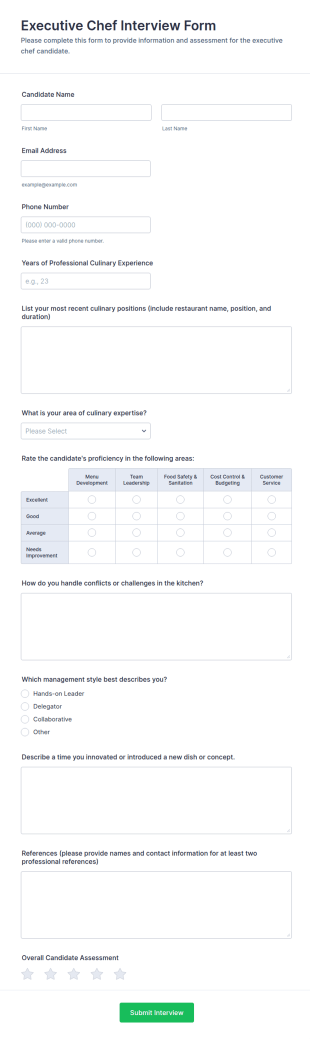 Executive Chef Interview Form Template