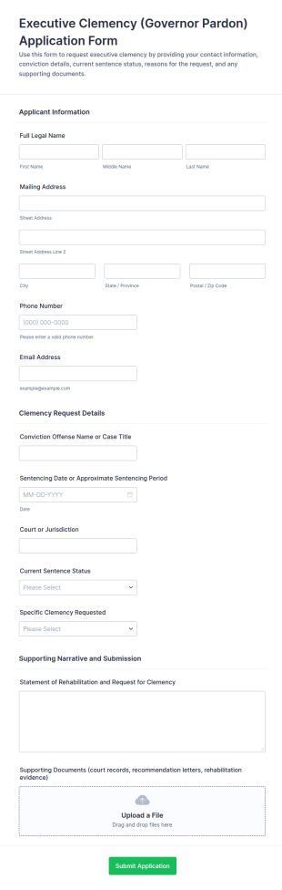 Executive Clemency (Governor Pardon) Application Form Template