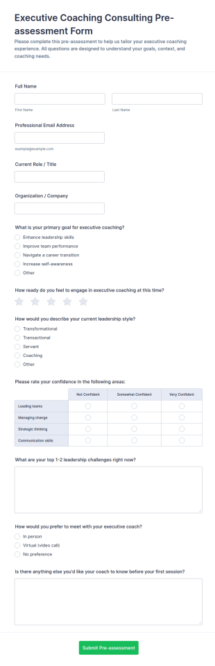 Executive Coaching Consulting Pre Assessment Form Template