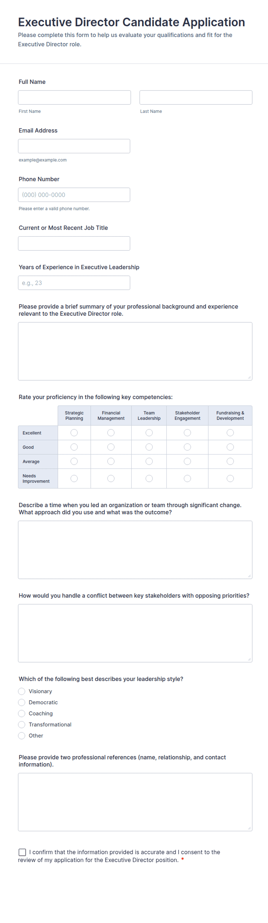 Executive Director Candidate Application Form Template | Jotform
