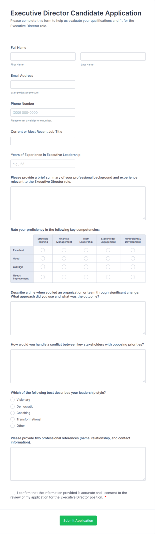 Executive Director Candidate Application Form Template