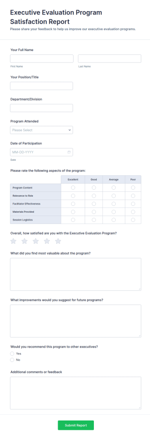 Executive Evaluation Program Satisfaction Report Form Template
