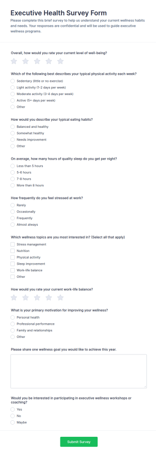 Executive Health Survey Form Template