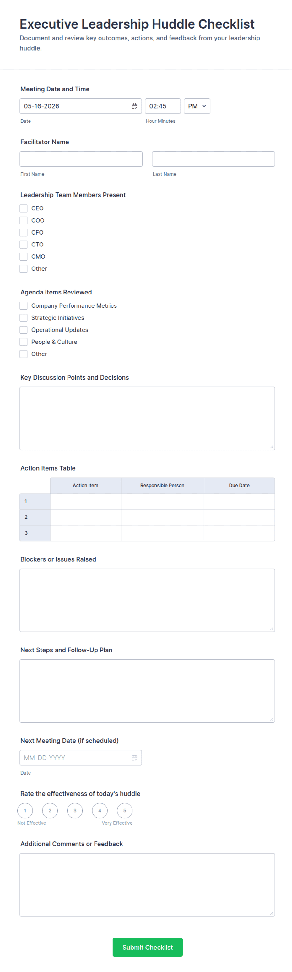 Executive Leadership Huddle Checklist Form Template | Jotform