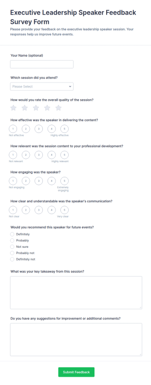 Executive Leadership Speaker Feedback Survey Form Template