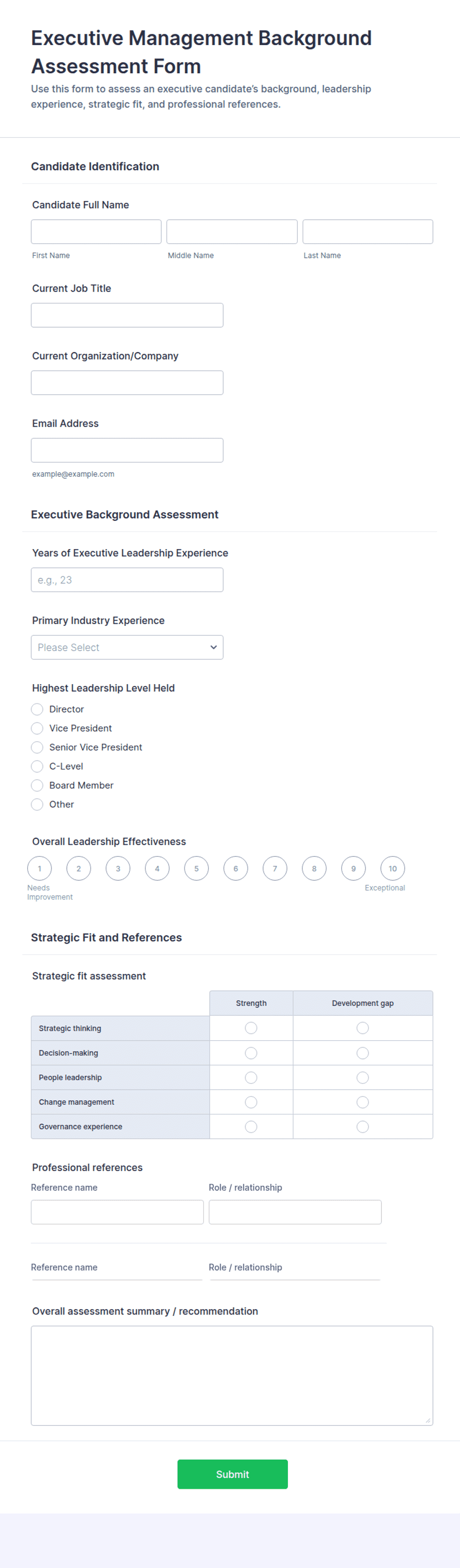 Executive Management Background Assessment Form Template | Jotform