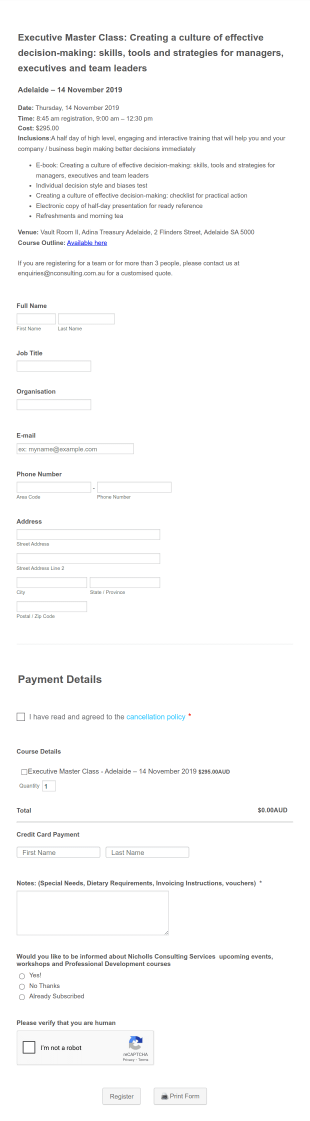 Executive Master Class Registration Form Template