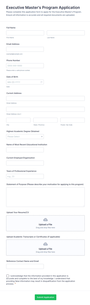 Executive Master's Program Application Form Template