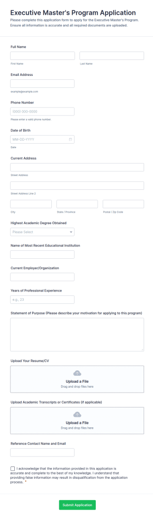Executive Master's Program Application Form Template