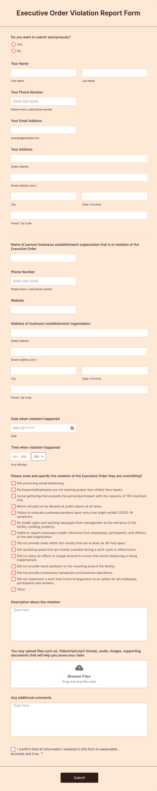 Executive Order Violation Report Form Template