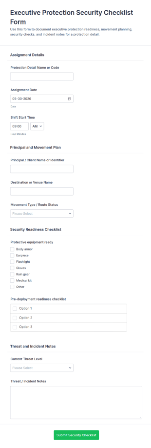 Executive Protection Security Checklist Form Template