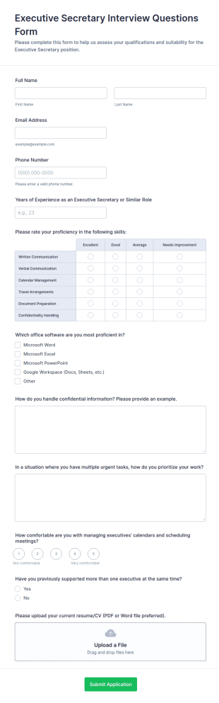 Executive Secretary Interview Questions Form Template