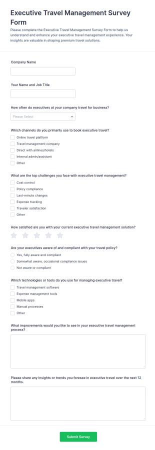 Executive Travel Management Survey Form Template