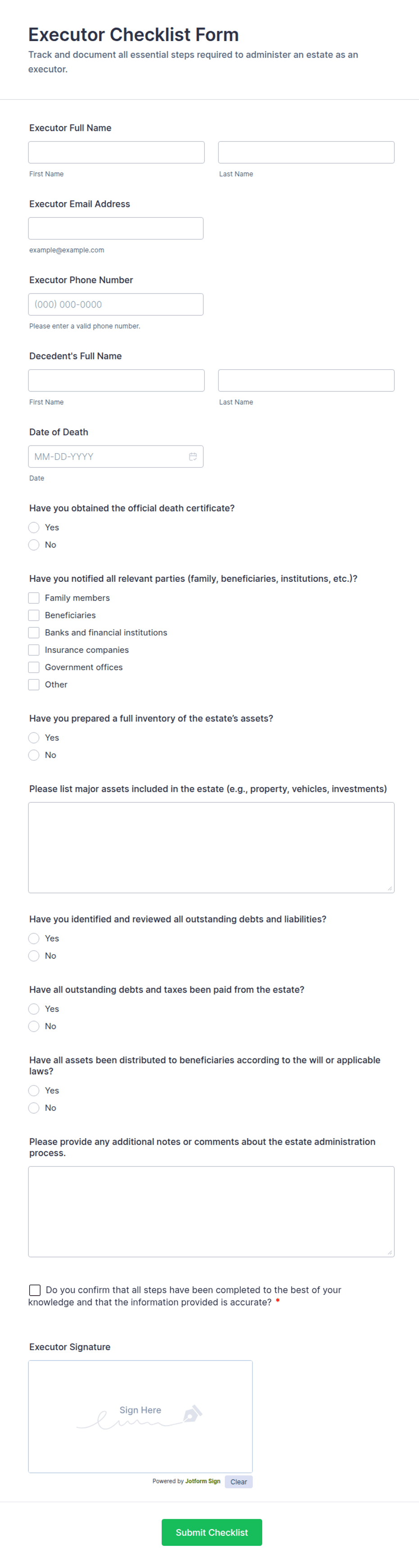 Executor Checklist Form Template | Jotform