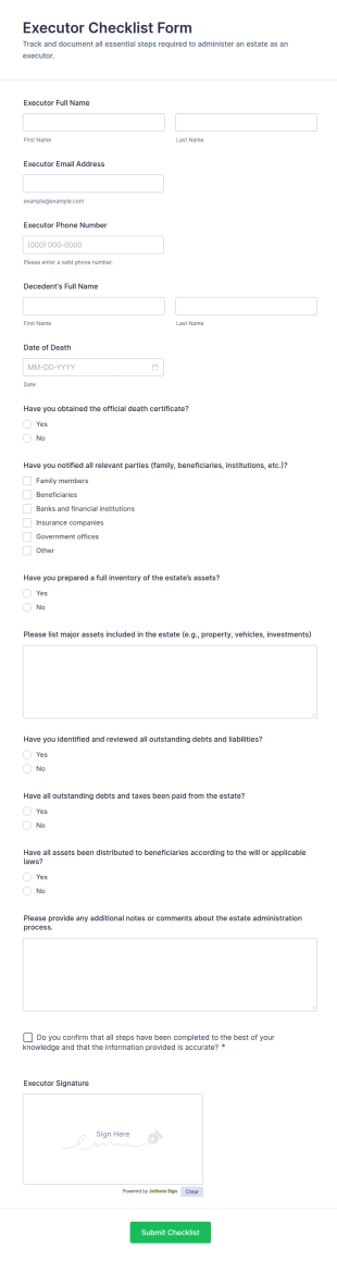 Executor Checklist Form Template