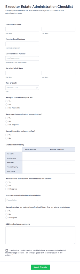 Executor Estate Administration Checklist Form Template
