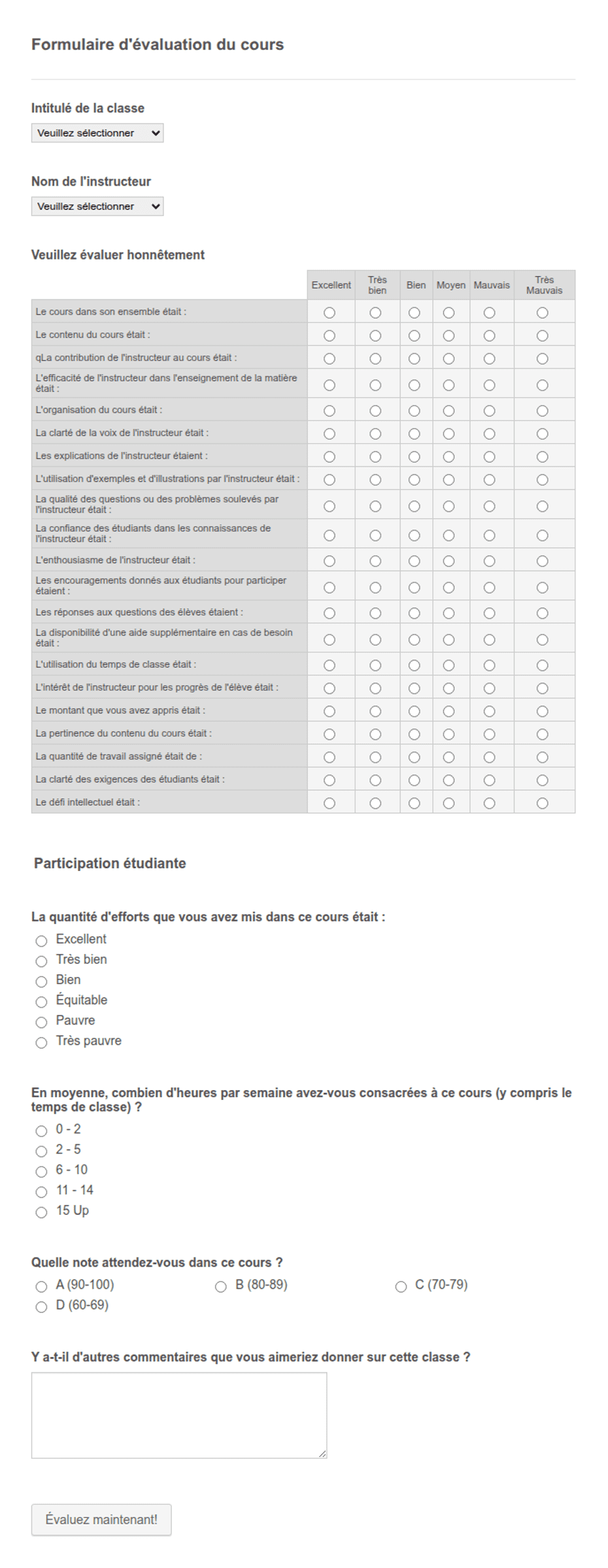 Exemple d'évaluation de cours Modèle du formulaire | Jotform