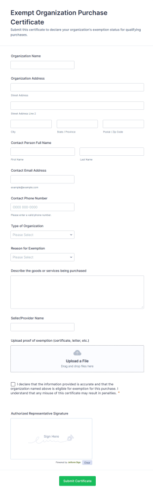 Exempt Organization Purchase Certificate Form Template