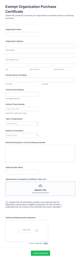 Exempt Organization Purchase Certificate Form Template