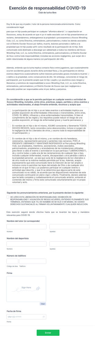 Exención De Responsabilidad Del Club De Lucha Libre COVID 19