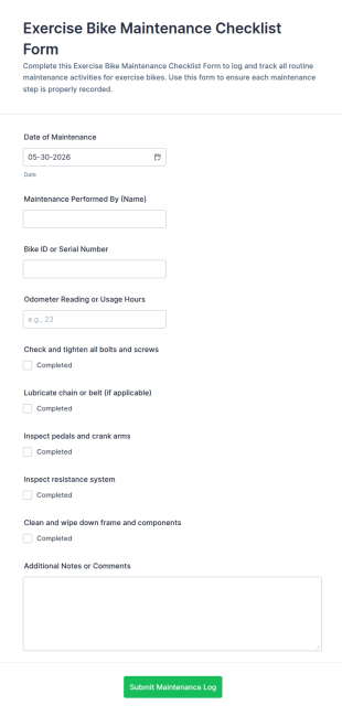 Exercise Bike Maintenance Checklist Form Template