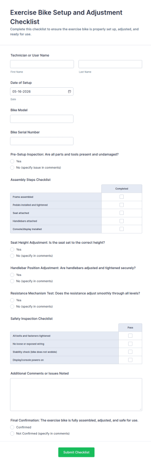 Exercise Bike Setup And Adjustment Checklist Form Template