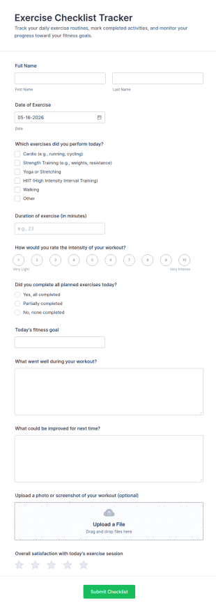 Exercise Checklist Tracker Form Template
